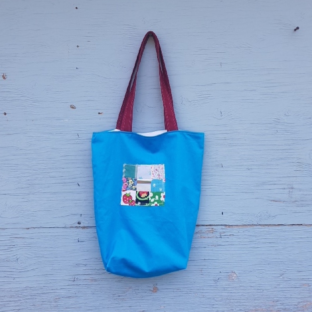 Patch & Roam sky blue patchwork small tote bag w/ raspberry red shoudler straps